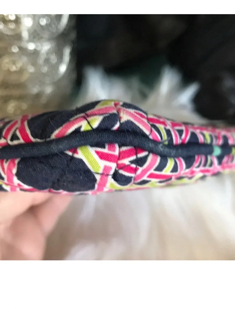 Vera Bradley Ribbons pattern zippered small cosmetics bag navy, pink green white